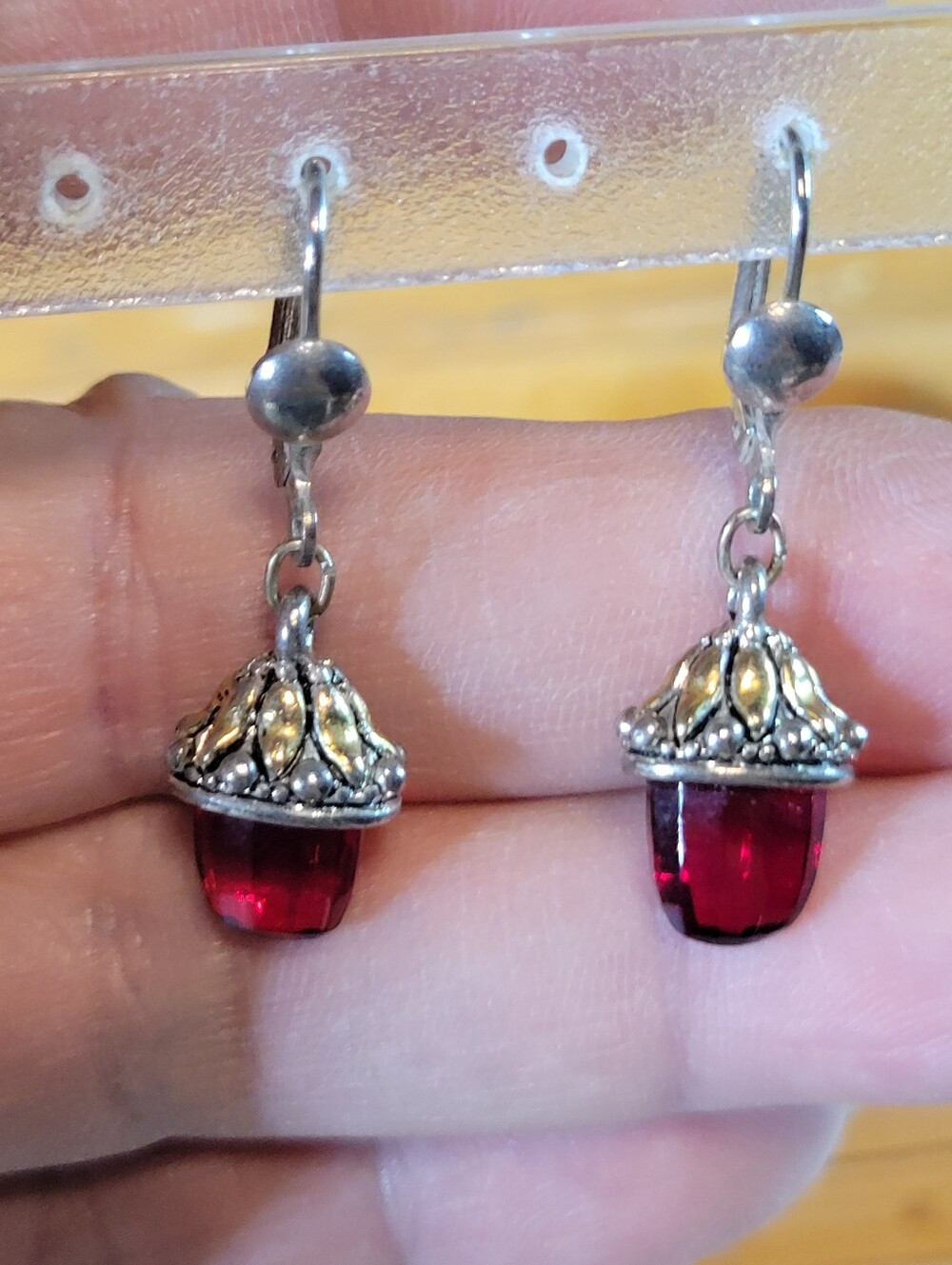 Antique Silver Tone with Red Glass Dangle Drop Pierced Earrings Leverbacks